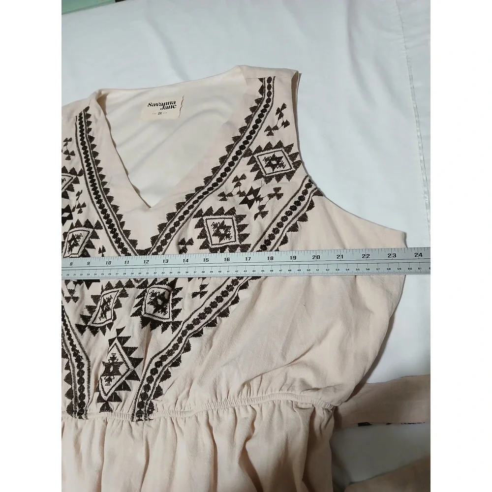 Savanna Jane Embroidered Tiered Midi Dress Beige Black Boho Western Womens 2X - Picture 8 of 11